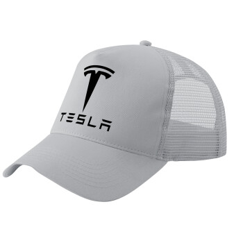 Tesla motors, Adult Structured Trucker Hat, with Mesh, GRAY (100% COTTON, ADULT, UNISEX, ONE SIZE)