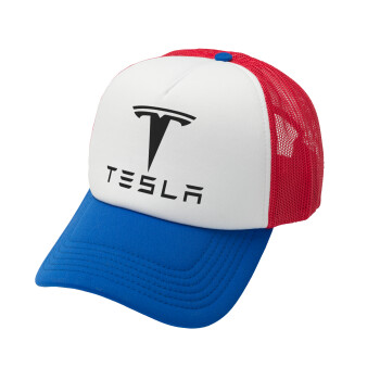 Tesla motors, Adult Soft Trucker Hat with Red/Blue/White Mesh (POLYESTER, ADULT, UNISEX, ONE SIZE)