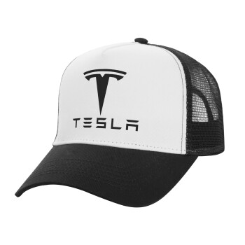 Tesla motors, Adult Structured Trucker Hat, with Mesh, WHITE/BLACK (100% COTTON, ADULT, UNISEX, ONE SIZE)