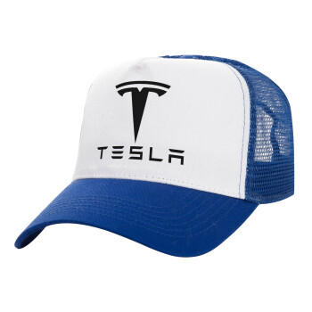 Tesla motors, Adult Structured Trucker Hat, with Mesh, WHITE/BLUE (100% COTTON, ADULT, UNISEX, ONE SIZE)