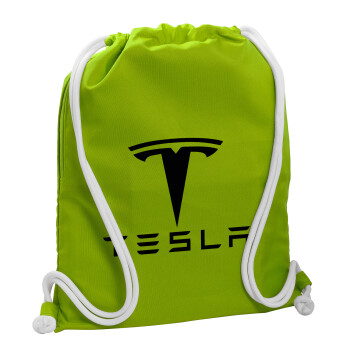 Tesla motors, Backpack bag GYMBAG LIME GREEN, with pocket (40x48cm) & thick cords