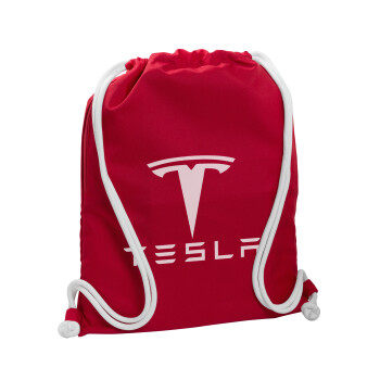 Tesla motors, Τσάντα πλάτης πουγκί GYMBAG Κόκκινη, με τσέπη (40x48cm) & χονδρά κορδόνια