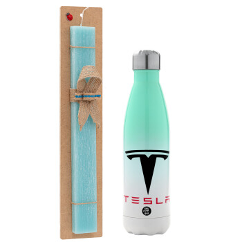 Tesla motors, Easter Set, Metallic green/white thermos (Stainless steel), double-walled, 500ml & scented flat Easter candle (30cm) (TURQUOISE)