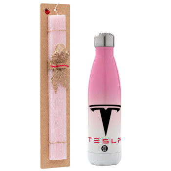 Tesla motors, Easter Set, Metallic pink/white (Stainless steel) thermos, double-walled, 500ml & aromatic flat Easter candle (30cm) (PINK)