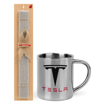 Tesla motors, Easter Set, metallic thermal cup (300ml) & Easter aromatic flat candle (30cm) (GRAY)