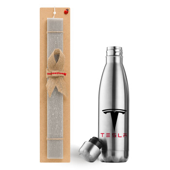 Tesla motors, Easter Set, metallic stainless thermos flask (500ml) & scented flat Easter candle (30cm) (GRAY)