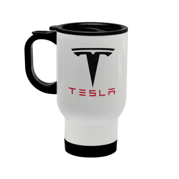 Tesla motors, Stainless steel travel mug with lid, double wall white 450ml