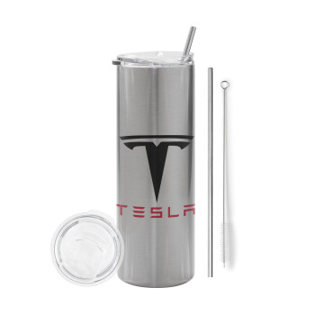 Tesla motors, Tumbler stainless steel Silver 600ml, with metal straw & cleaning brush