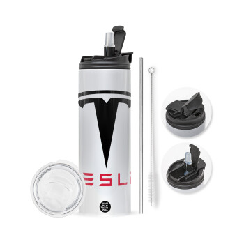 Tesla motors, Travel Tumbler θερμό με διπλό καπάκι, μεταλλικό καλαμάκι και βούρτσα καθαρισμού (Ανωξείδωτο 304 Food grade, BPA free, 600ml)