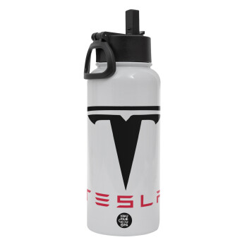 Tesla motors, Metal mug thermo White with Straw and Spout Lid (Stainless steel), double wall, 950ml