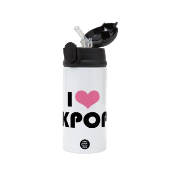 I Love KPOP, Children's hot water bottle, stainless steel, with safety straw, Black (360ml) BPA-FREE