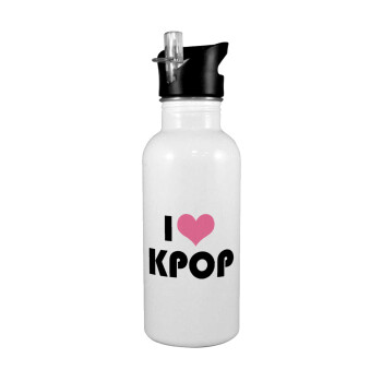 I Love KPOP, White water bottle with straw, stainless steel 600ml