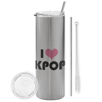 I Love KPOP, Eco friendly ποτήρι θερμό Ασημένιο (tumbler) από ανοξείδωτο ατσάλι 600ml, με μεταλλικό καλαμάκι & βούρτσα καθαρισμού