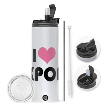 I Love KPOP, Travel Tumbler θερμό με διπλό καπάκι, μεταλλικό καλαμάκι και βούρτσα καθαρισμού (Ανωξείδωτο 304 Food grade, BPA free, 600ml)