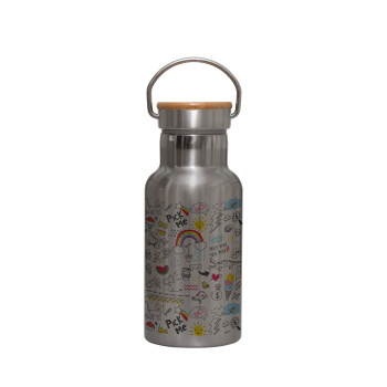 Doodle kids, Stainless steel metallic thermos flask, silver with a bamboo lid, double-walled, 350ml.