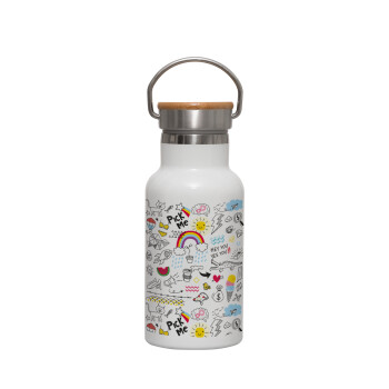 Doodle kids, Metallic thermos (Stainless steel) White with wooden lid (bamboo), double-walled, 350ml