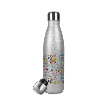 Doodle kids, Metallic Glitter Silver Thermos Flask (Stainless steel), double-walled, 500ml