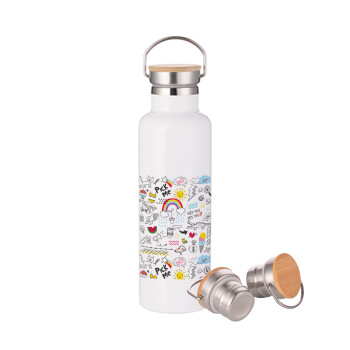 Doodle kids, Stainless steel White with wooden lid (bamboo), double wall, 750ml