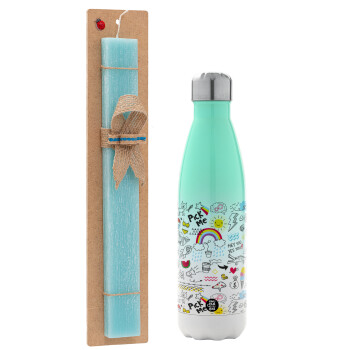 Doodle kids, Easter Set, Metallic green/white thermos (Stainless steel), double-walled, 500ml & scented flat Easter candle (30cm) (TURQUOISE)