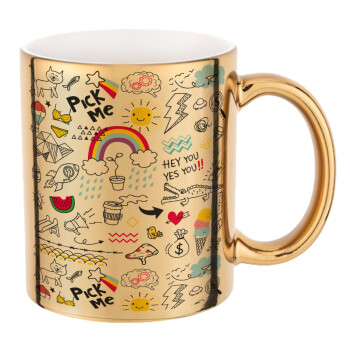 Doodle kids, Mug ceramic, gold mirror, 330ml