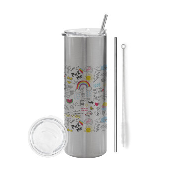 Doodle kids, Eco friendly ποτήρι θερμό Ασημένιο (tumbler) από ανοξείδωτο ατσάλι 600ml, με μεταλλικό καλαμάκι & βούρτσα καθαρισμού