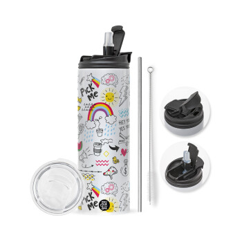 Doodle kids, Travel Tumbler θερμό με διπλό καπάκι, μεταλλικό καλαμάκι και βούρτσα καθαρισμού (Ανωξείδωτο 304 Food grade, BPA free, 600ml)