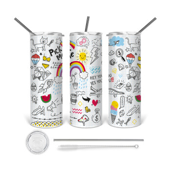 Doodle kids, Tumbler ποτήρι θερμό από ανοξείδωτο ατσάλι 600ml, με μεταλλικό καλαμάκι & βούρτσα καθαρισμού