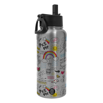 Doodle kids, Metal mug thermo Silver with Straw and Spout Lid (Stainless steel), double wall, 950ml