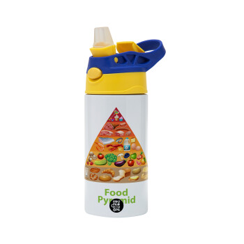 Food pyramid chart, Children's hot water bottle, stainless steel, with safety straw, green, blue (360ml) BPA FREE