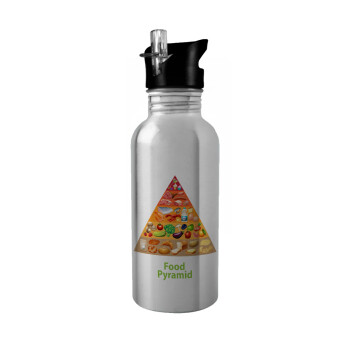 Food pyramid chart, Water bottle Silver with straw, stainless steel 600ml
