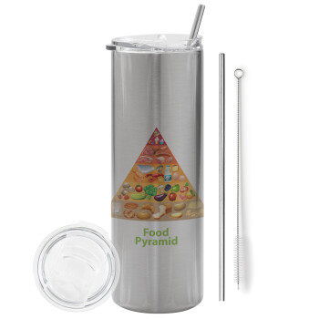 Food pyramid chart, Eco friendly stainless steel Silver tumbler 600ml, with metal straw & cleaning brush