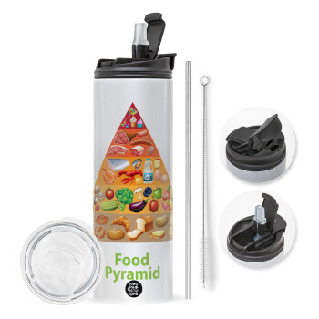 Food pyramid chart, Travel Tumbler 2 Lids, with metal straw & cleaning brush (Stainless steel 304 Food grade, BPA free, 600ml)