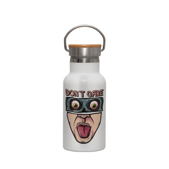 Don't Care, Metallic thermos (Stainless steel) White with wooden lid (bamboo), double-walled, 350ml