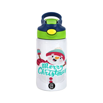 Merry Christmas snowman, Children's hot water bottle, stainless steel, with safety straw, green, blue (350ml)