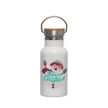 Merry Christmas snowman, Metallic thermos (Stainless steel) White with wooden lid (bamboo), double-walled, 350ml