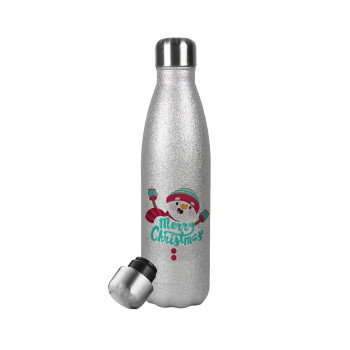 Merry Christmas snowman, Metallic Glitter Silver Thermos Flask (Stainless steel), double-walled, 500ml