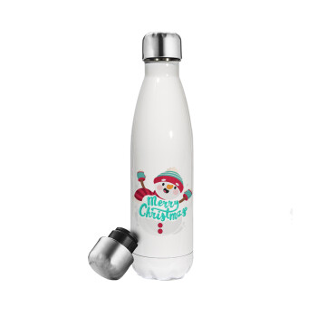 Merry Christmas snowman, Metal mug thermos White (Stainless steel), double wall, 500ml