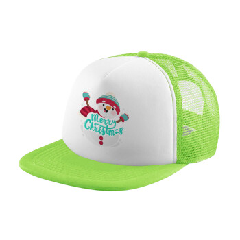 Merry Christmas snowman, Adult Soft Trucker Hat with Mesh GREEN/WHITE (POLYESTER, ADULT, ONE SIZE)