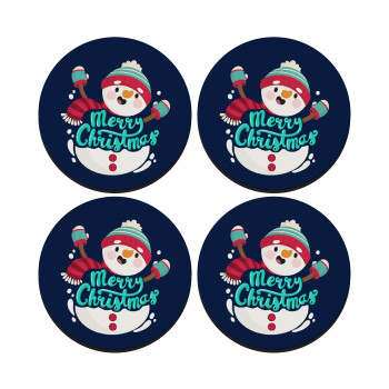 Merry Christmas snowman, SET of 4 round wooden coasters (9cm)