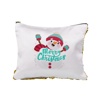 Merry Christmas snowman, Sequin Gold Pouch Cosmetic Bag