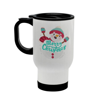 Merry Christmas snowman, Stainless steel travel mug with lid, double wall white 450ml