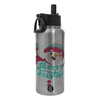 Merry Christmas snowman, Metal mug thermo Silver with Straw and Spout Lid (Stainless steel), double wall, 950ml