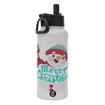 Merry Christmas snowman, Metal mug thermo White with Straw and Spout Lid (Stainless steel), double wall, 950ml