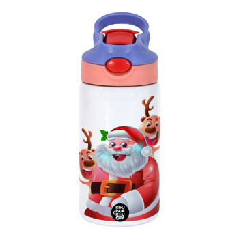 Santa Claus & Deers, Παιδικό παγούρι θερμό, ανοξείδωτο, με καλαμάκι ασφαλείας, ροζ/μωβ (350ml)