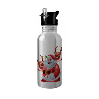 Santa Claus & Deers, Παγούρι νερού Ασημένιο με καλαμάκι, ανοξείδωτο ατσάλι 600ml