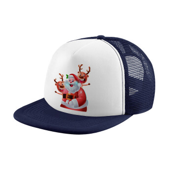 Santa Claus & Deers, Adult Soft Trucker Hat with Dark Blue/White Mesh (POLYESTER, ADULT, UNISEX, ONE SIZE)