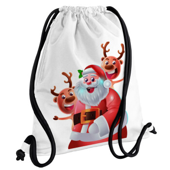 Santa Claus & Deers, Backpack pouch GYMBAG white, with pocket (40x48cm) & thick cords