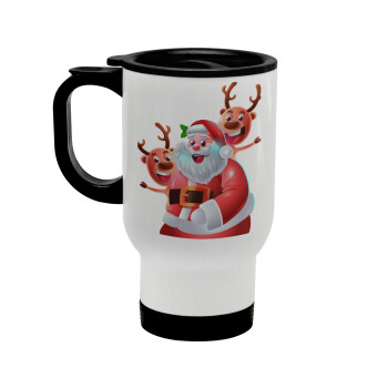 Santa Claus & Deers, Stainless steel travel mug with lid, double wall white 450ml