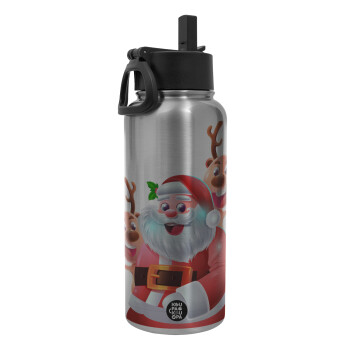 Santa Claus & Deers, Metal mug thermo Silver with Straw and Spout Lid (Stainless steel), double wall, 950ml