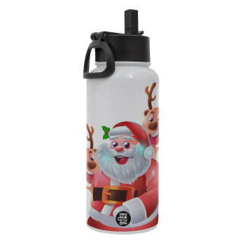 Santa Claus & Deers, Metal mug thermo White with Straw and Spout Lid (Stainless steel), double wall, 950ml